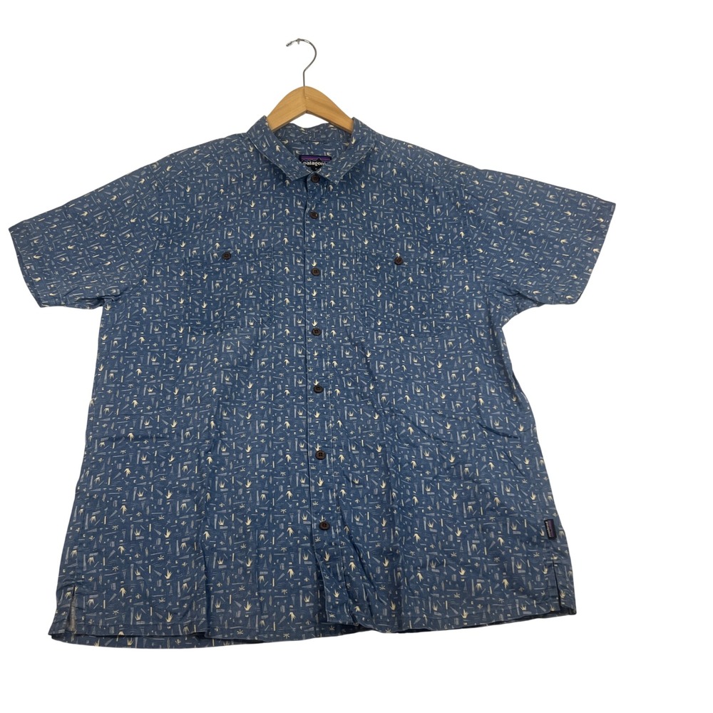 Patagonia Mens XL Blue Hemp Organic Cotton Abstract Print Short Sleeve Shirt